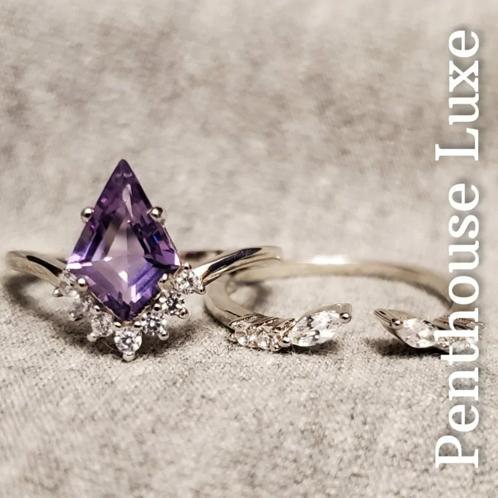 SOLID 925 Sterling Silver Purple Amethyst Kite Cut Ring Set